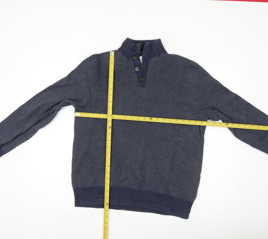 White Stuff Men’s Blue Henley Jumper Size L Mock Neck Cotton