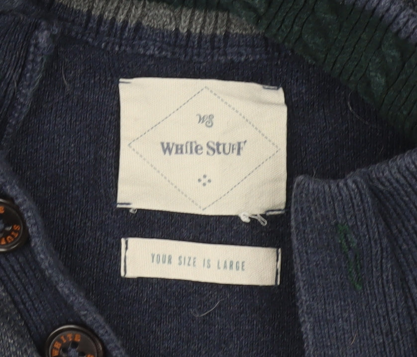 White Stuff Men’s Blue Henley Jumper Size L Mock Neck Cotton