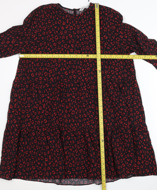 Zara Women Black Red Animal Print Shift Dress XS Long Sleeve