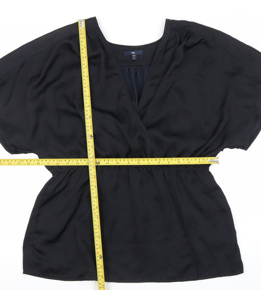 Gap Womens Black Wrap Blouse Size L Short Sleeve V-Neck Satin
