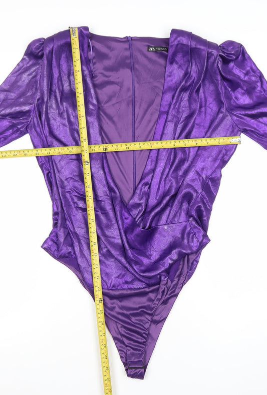 Zara Women Purple UK 8 Satin Bodysuit Long Sleeve Cowl Neck Partywear