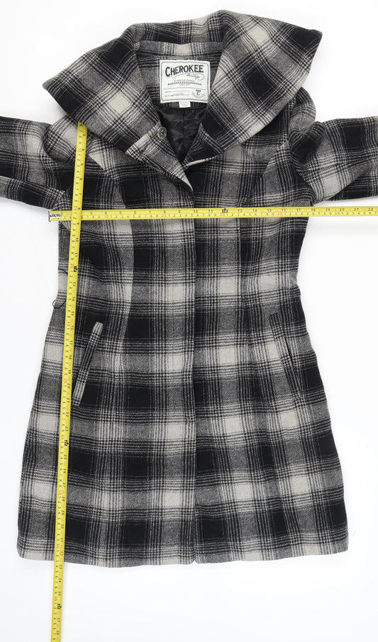 Cherokee Women Black Grey Plaid Wool Blend Overcoat UK 12