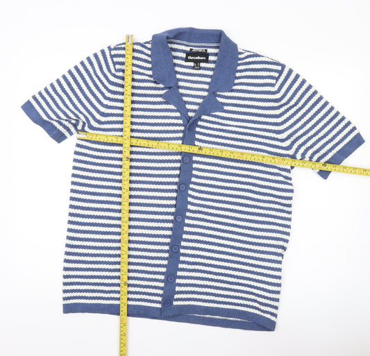Threadbare Men’s Blue Striped Collared Short Sleeve Cardigan XL