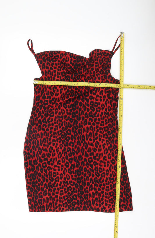 MISSPAP Women’s Red Leopard Print Slip Dress UK 12 Sleeveless