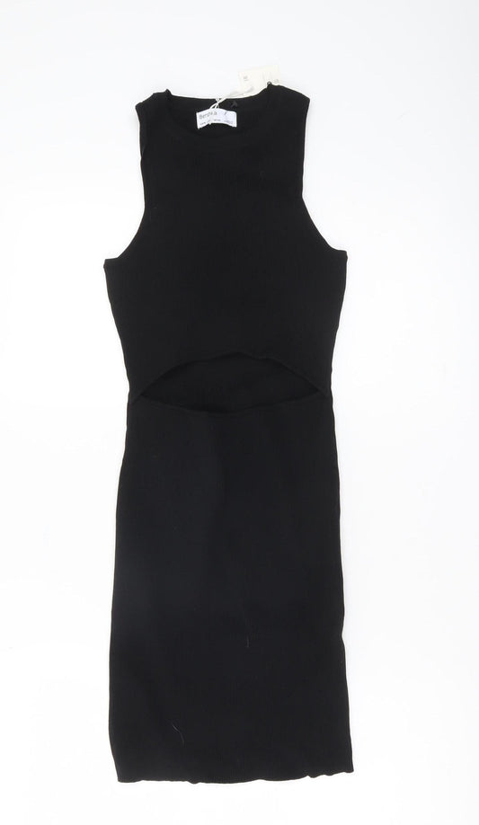 Bershka Womens Black Sleeveless Bodycon Cut Out Knit Dress M