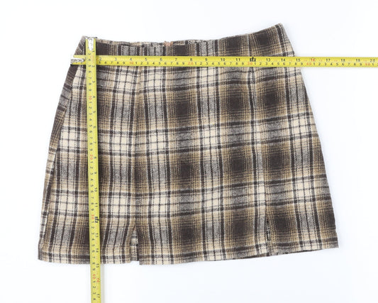 Cider Women Brown Plaid Tweed Mini Skirt Size S Straight Lined