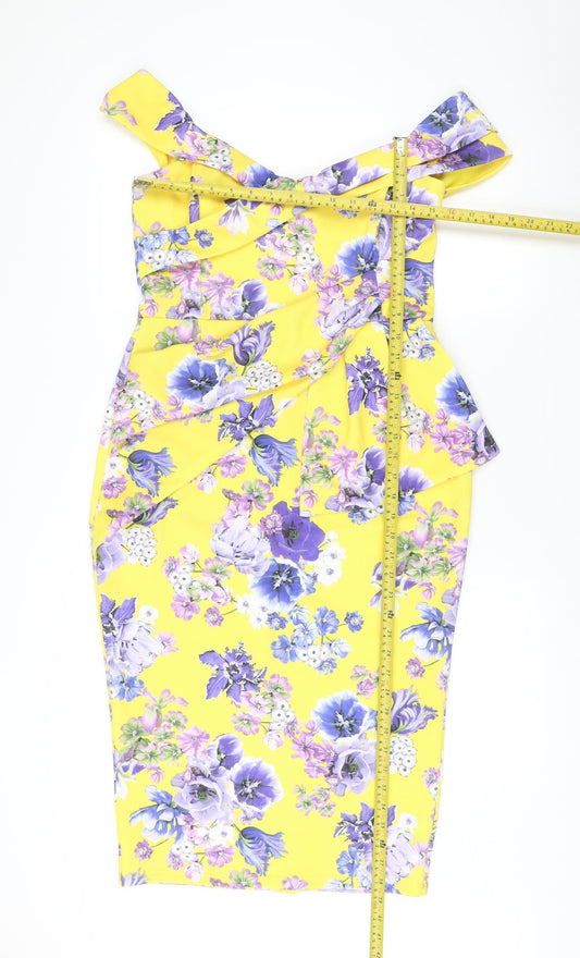 ASOS Women’s Yellow Floral Bodycon Dress Size 14 Sleeveless Zip
