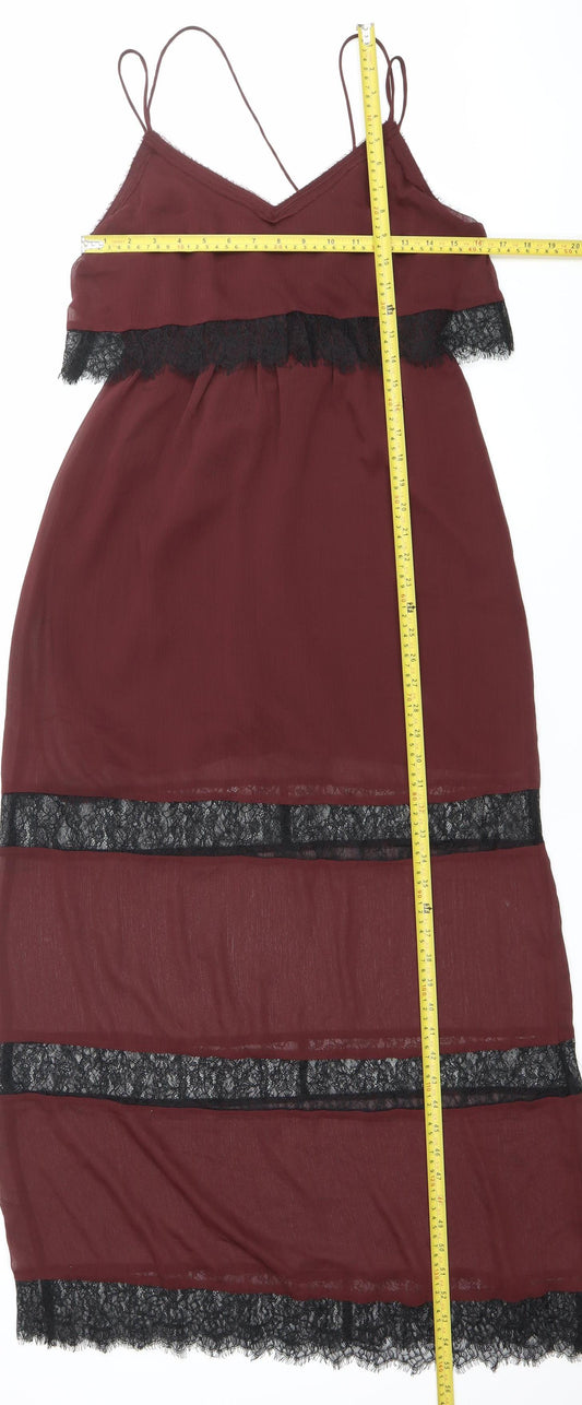 H&M Womens Red Lace Trim Slip Dress Size 10 Midi V-Neck