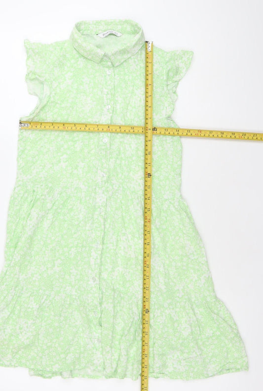 Stradivarius Women’s Green Floral Shirt Dress Size 8 Collared Ruffle