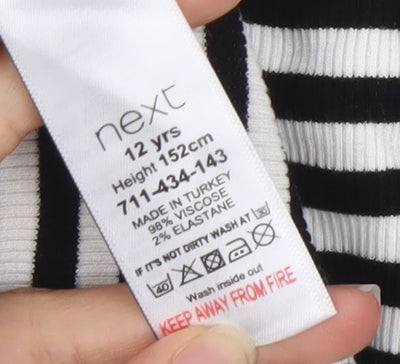 Brand and care label for Next Teens Black White Striped T-Shirt Dress, size 12-14