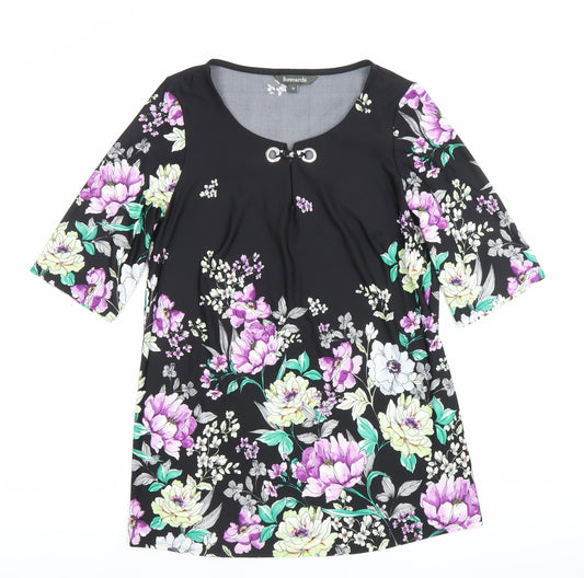 Bonmarché Women Black Floral Shift Dress Size 10 Scoop Neck