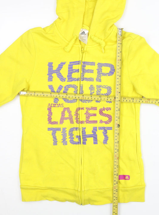 Adidas Womens Yellow Full Zip Hoodie Size 8 UK Sports Graphic