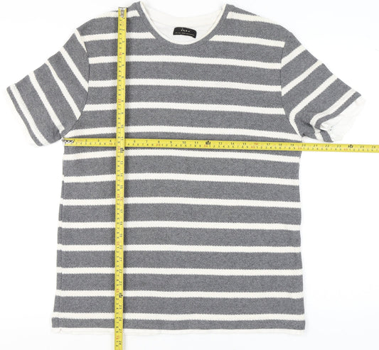 Zara Men Grey Striped Cotton Blend Crew Neck T-Shirt Size L