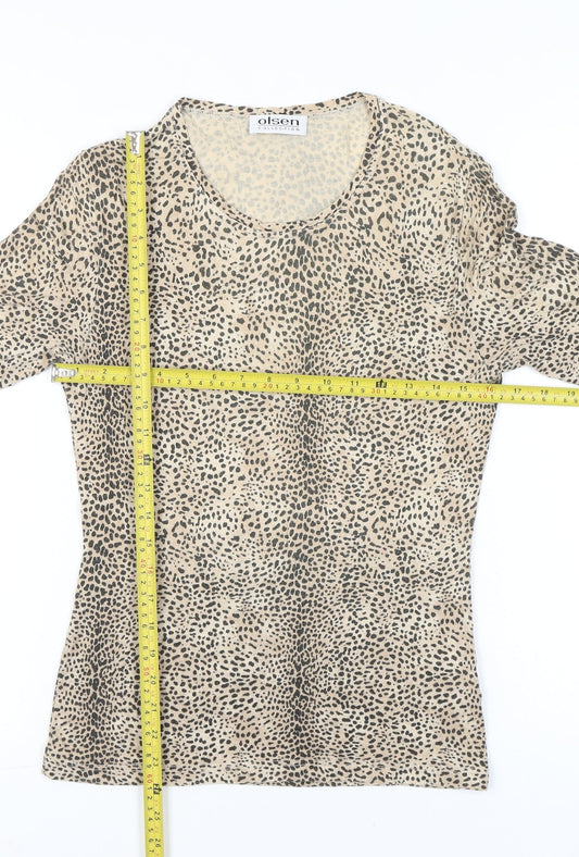 Olsen Women Beige Animal Print Viscose Stretch T-Shirt Size 10