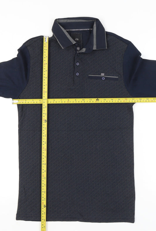 River Island Men's Blue Long Sleeve Polo Shirt XS Geometric Cotton