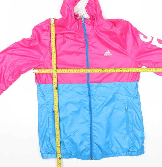 Adidas Womens Pink Blue Windbreaker Jacket Size 12 Hooded Sports