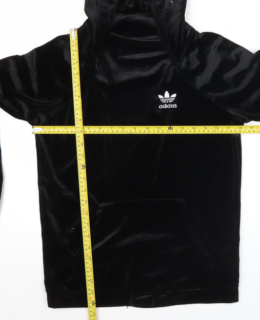 Adidas Womens Black Velour Hoodie UK 12 Pullover Logo Hooded Sweatshirt