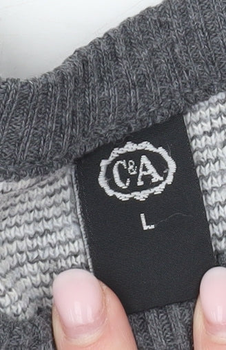 C&A Men’s Grey Fair Isle Acrylic Knit Jumper Size L Crew Neck