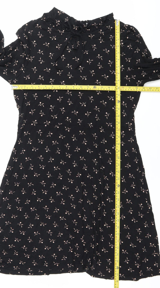 Next Womens Black Floral Shift Dress Size 16 Long Sleeve Knee Length