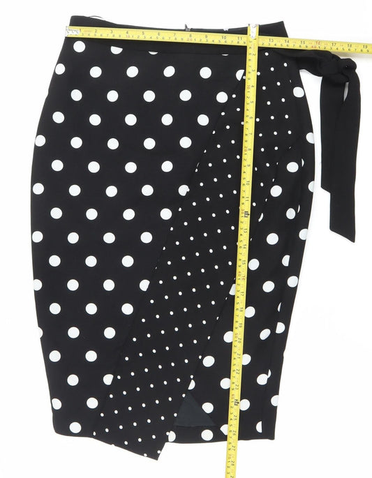 Oasis Women’s Black Polka Dot Wrap Skirt Size 6 Knee Length Retro