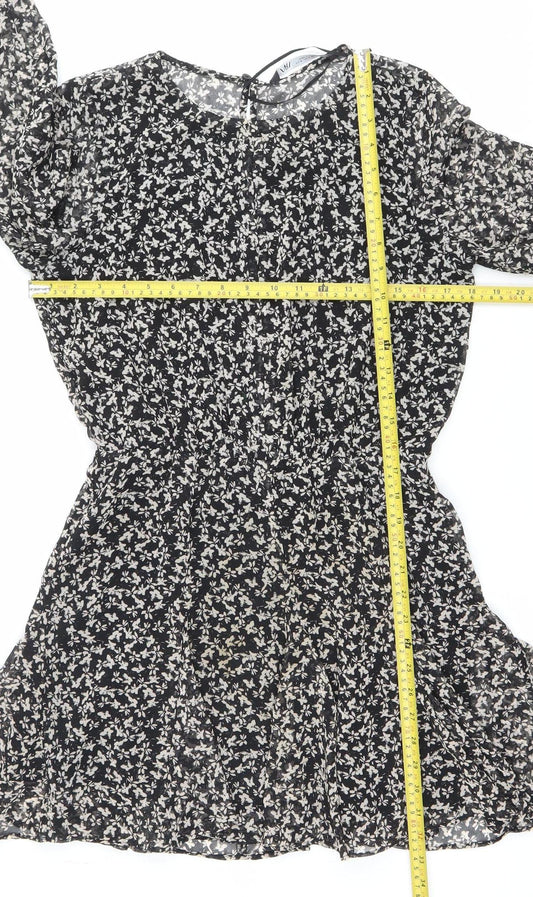 Zara Women Black Floral Asymmetric Wrap Dress Size 12