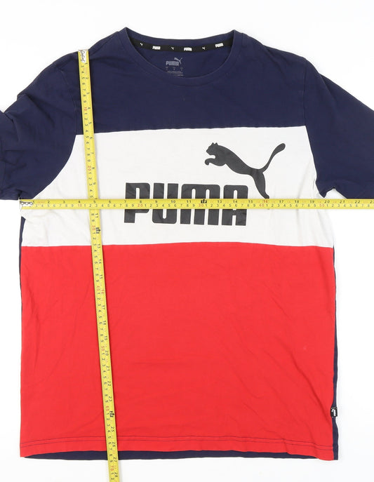 Puma Men's Blue White Red Colourblock Logo T-Shirt Size L