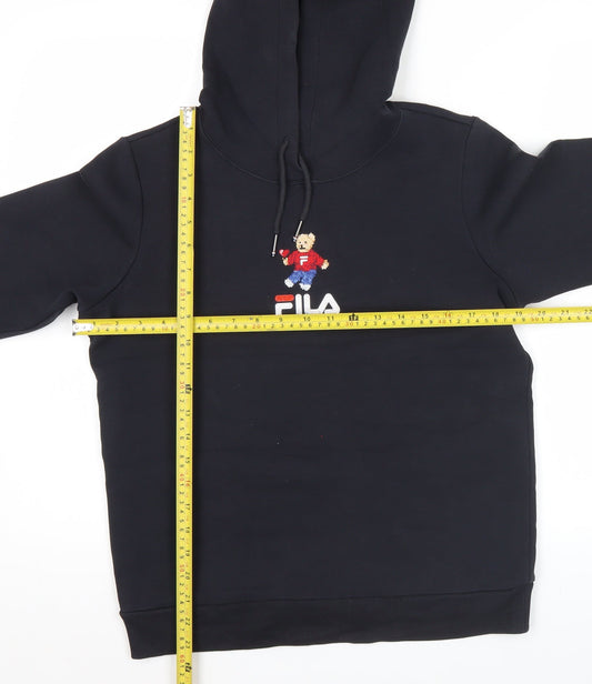 FILA Womens Black Hoodie UK 10 Bear Logo Pullover Cotton Blend