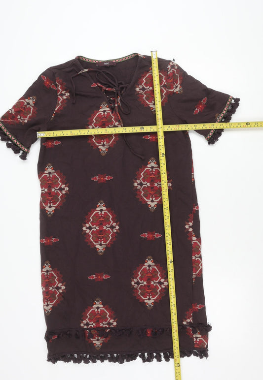 Next Womens Brown Boho Shift Dress Size 12 Cotton Tassel V-Neck