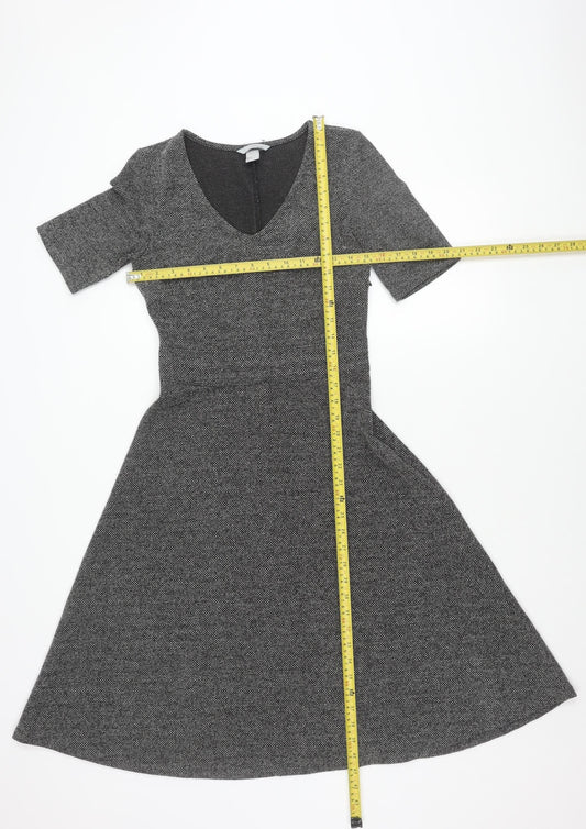 H&M Women’s Grey Fit & Flare Dress Size S V-Neck Knee Length