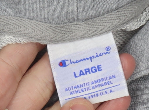 Brand and care label for Champion unisex grey pullover hoodie large logo athletic sweatshirt