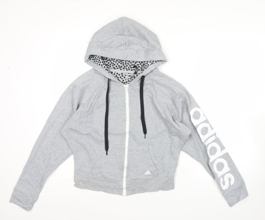 Additional front view of Adidas women’s grey full zip hoodie, size UK 6, uk logo print cotton blend