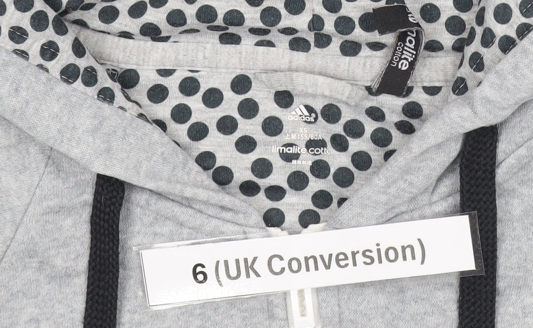 Adidas Womens Grey Full Zip Hoodie Size 6 UK Logo Print Cotton Blend