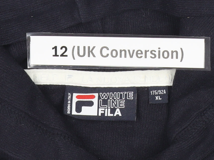 Brand and care label for Fila women’s black henley hoodie, size UK 12, hooded sweatshirt