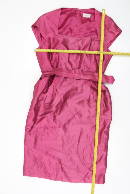 CC Women Pink Linen Sheath Knee Length Dress Size 14 Belted