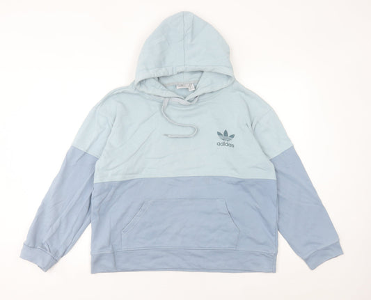 Additional front view of Adidas women’s blue pullover hoodie sweatshirt, size M, logo design