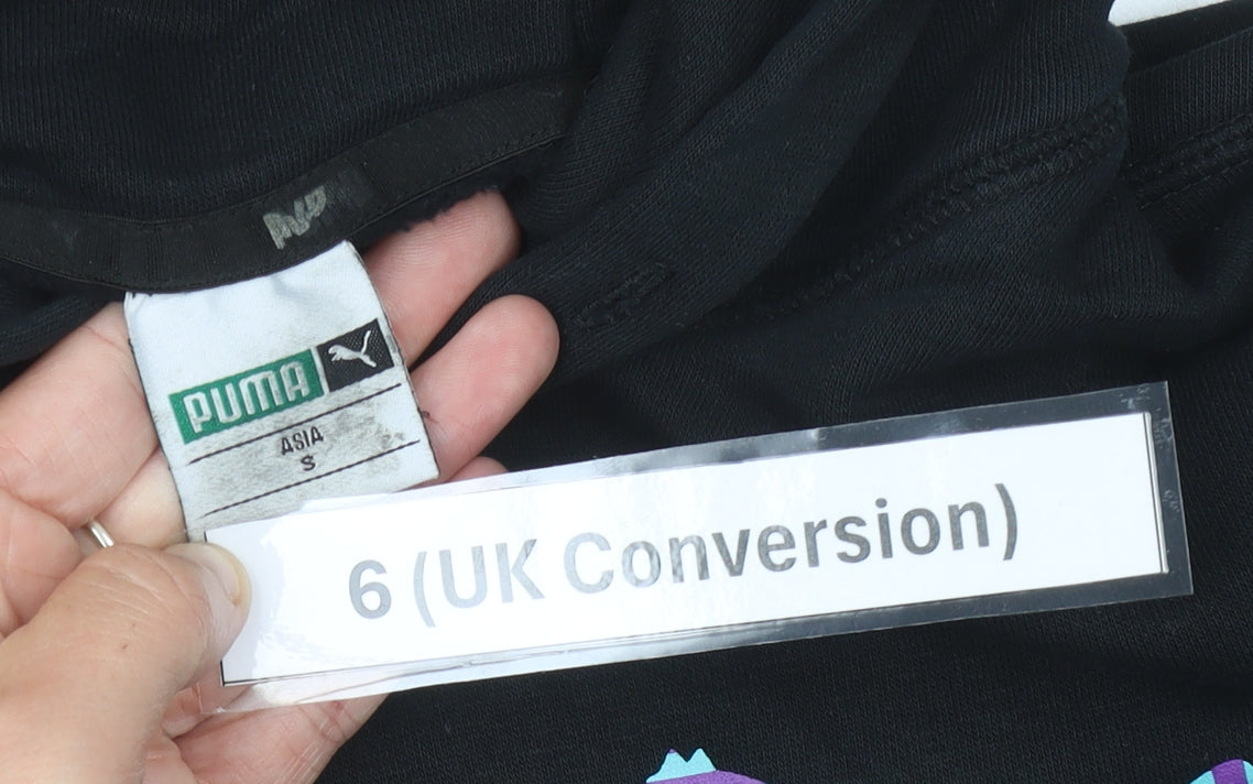 Puma Womens Black Hoodie UK 6 Graphic Print Pullover Sweatshirt