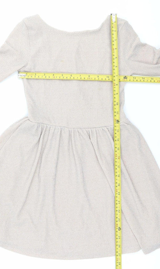 Topshop Women’s Beige Glitter Skater Dress Size 8 Long Sleeve Scoop Neck