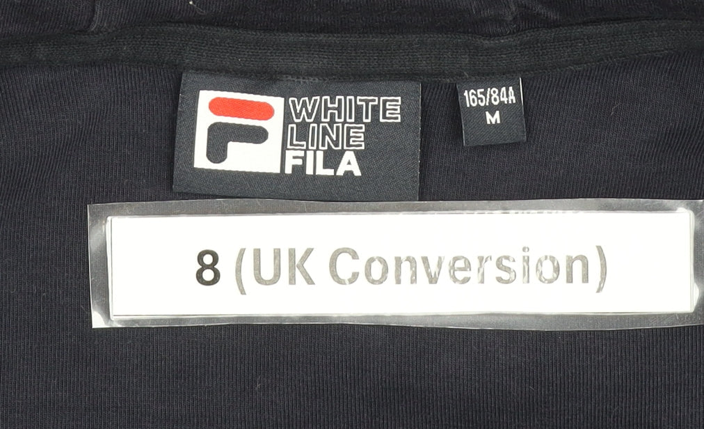 Brand and care label for Fila Women’s Black Full Zip Hoodie, size UK 8, Casual Sportswear