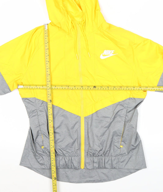 Nike Womens Yellow Grey Windbreaker Jacket L Hooded Full Zip
