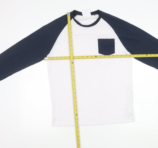 TOG24 Mens White Blue Long Sleeve Crew Neck Cotton Blend T-Shirt M