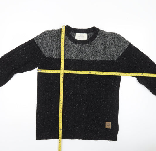 Crosshatch Mens Black Grey Cable-Knit Wool Blend Jumper Size S