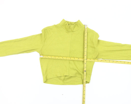 Bershka Women Green Cropped Mock Neck Long Sleeve Slim Fit Top L
