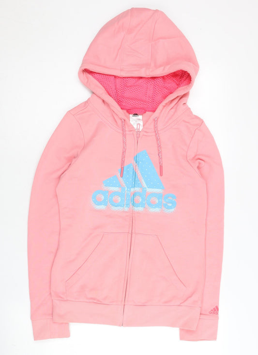 Additional front view of Adidas women’s pink full zip hoodie, size UK 8, uk logo print sportswear