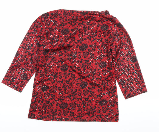 M&Co Women’s Red Floral Sequin Blouse Size 16 Cowl Neck Tunic