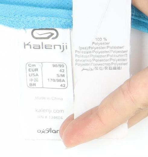 Brand and care label for Kalenji unisex blue running t-shirt s moisture wicking activewear