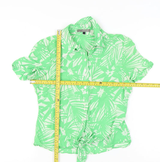 Jaeger Women Green Silk Floral Button-Up Short Sleeve Top UK 10
