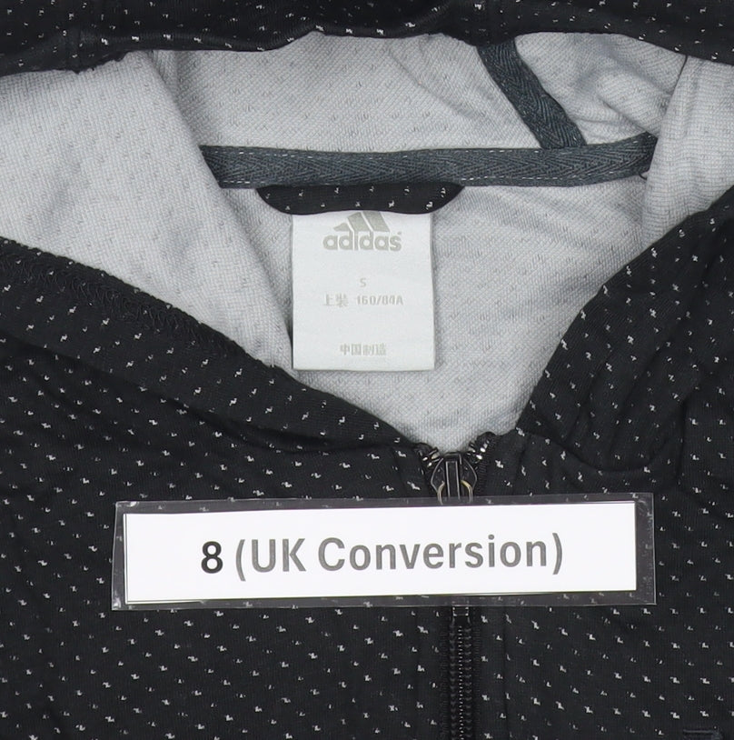 Brand and care label for Adidas women’s black hoodie, size UK 8, full zip sports jacket