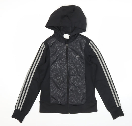 Additional front view of Adidas women’s black, size UK 6, full zip hooded sports hoodie jacket