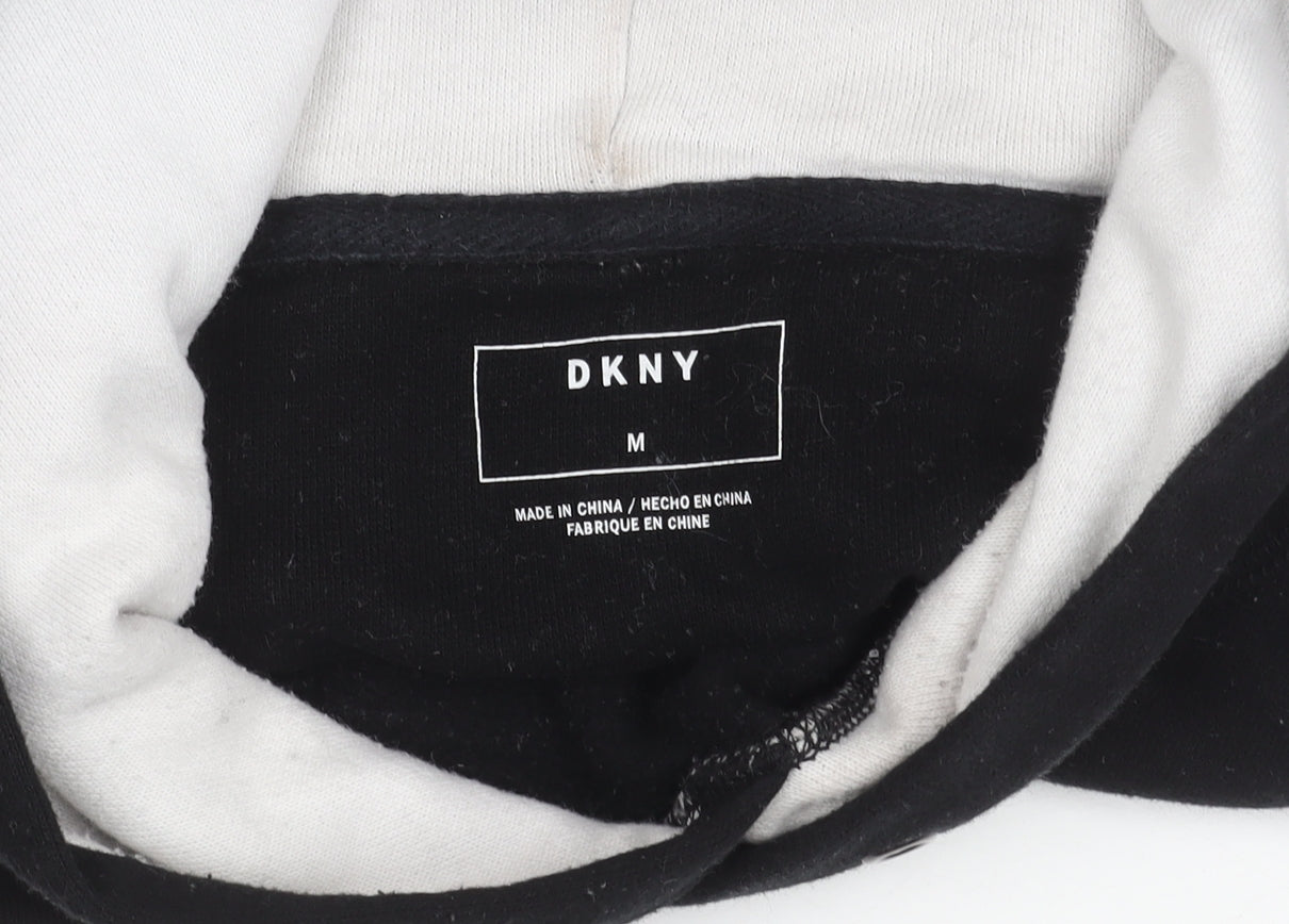 DKNY Womens Black Grey White Pullover Hoodie M Logo Casual Fleece