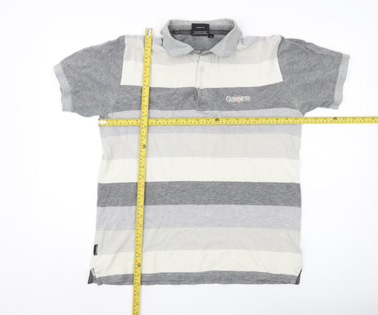 Guinness Men Grey Striped Cotton Polo Shirt Size M Logo Casual